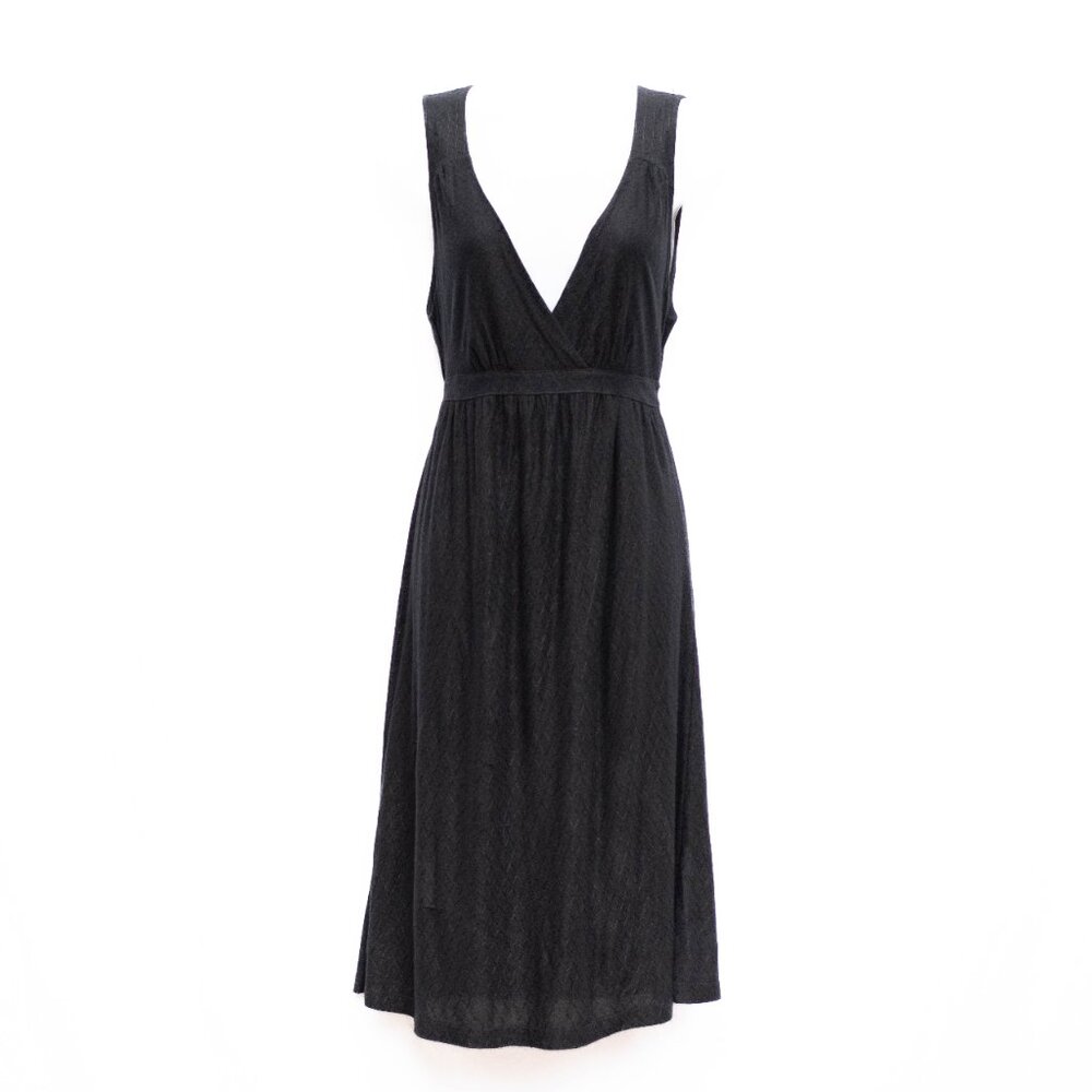 VTG Y2K Etam Dress Women’s 6 Black Faux Wrap Plunge Midi Tie Back Stretch‎ FR40